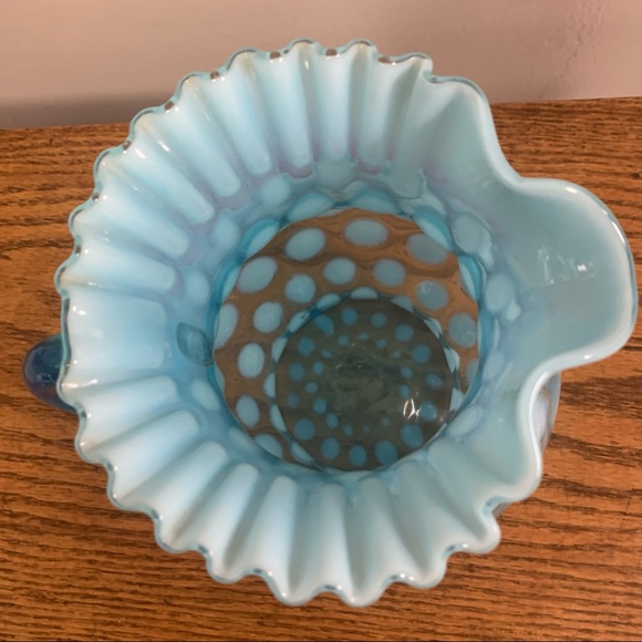 Vintage Opalescent Blue Coin Dot Ruffled Pitcher Collectible Glass - Picture 6 of 11